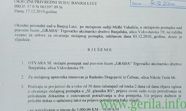 Slučaj -Gradja- Samovolja i ugovor s kompanijom -Dušanić- firmu odveli u stečaj, a radnike na ulicu